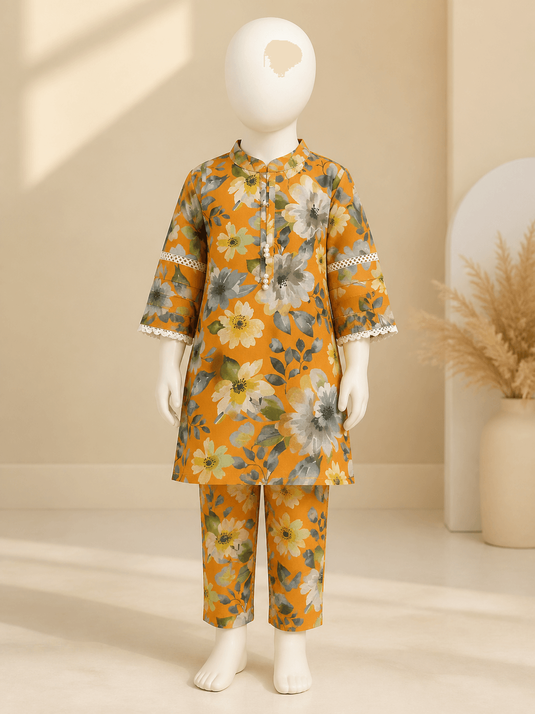 Girls Orange Floral 2 Piece Suit