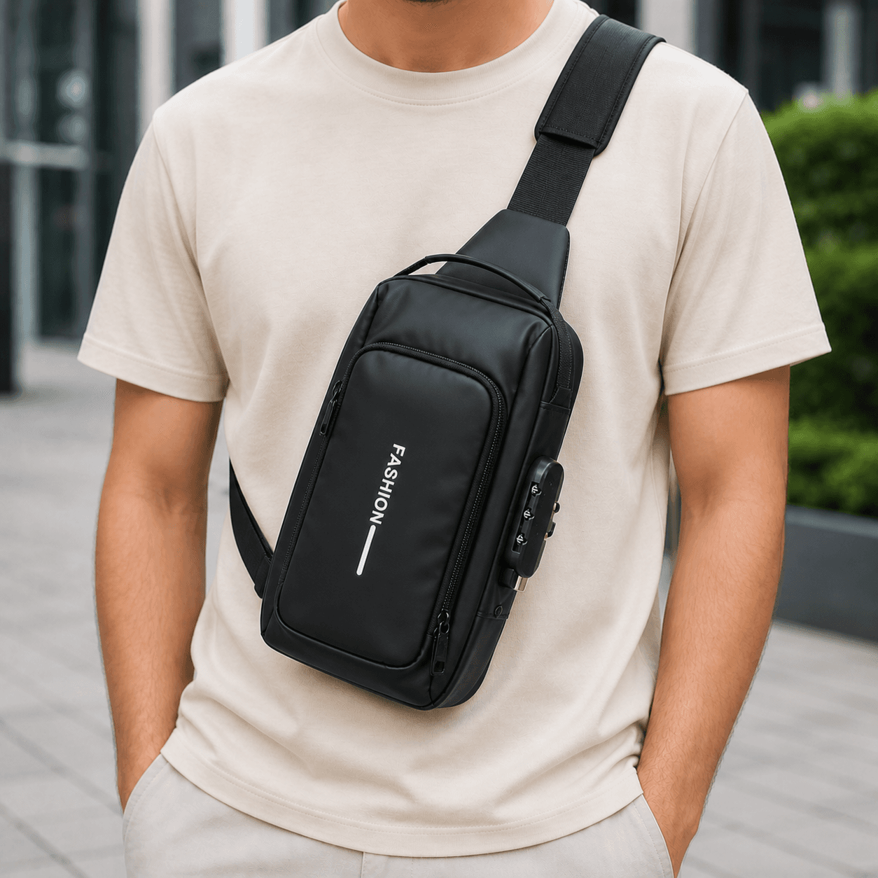 Unisex Anti-Theft Combination Lock Crossbody Sling Bag - Black