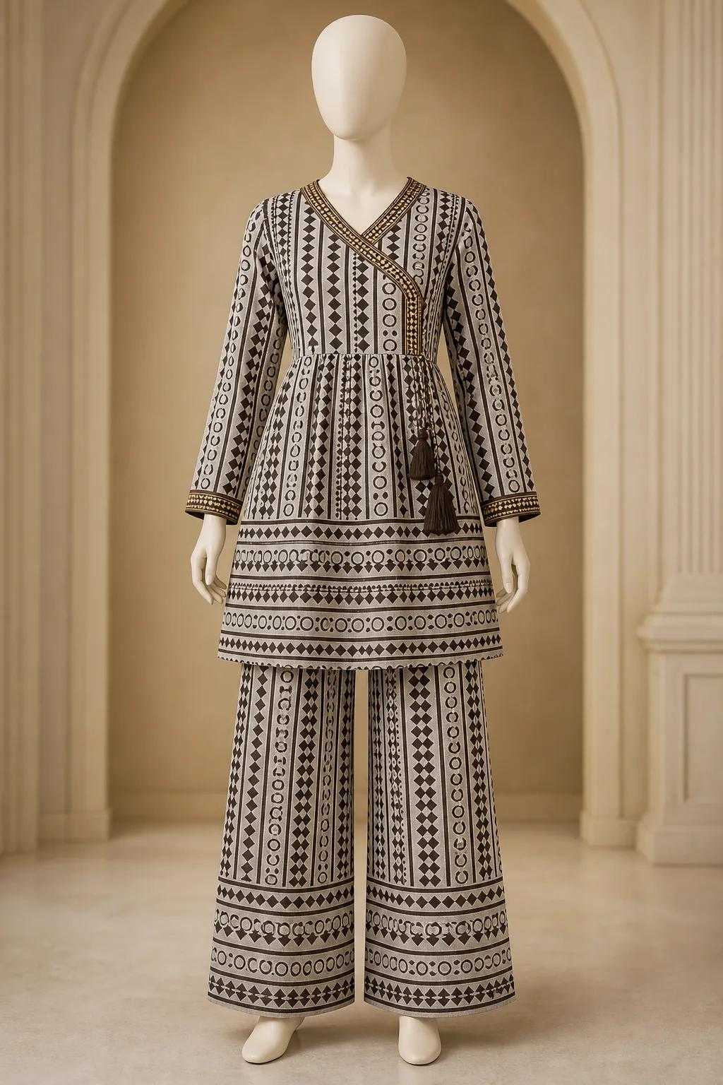 Women's Black White Geometric Angrakha Frock 2 Piece Suit
