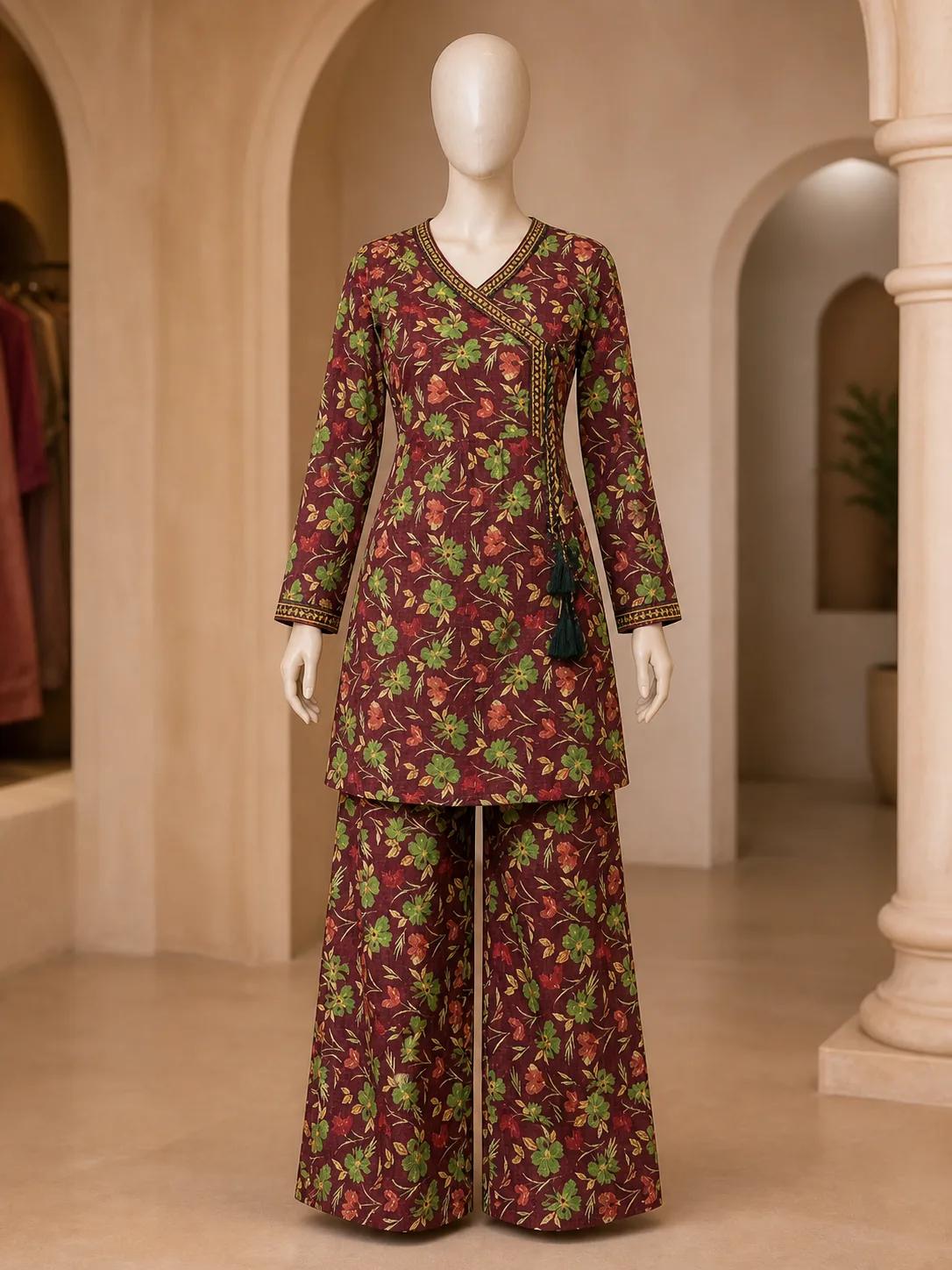 Women's Burgundy Green Floral Angrakha Frock 2 Piece Suit