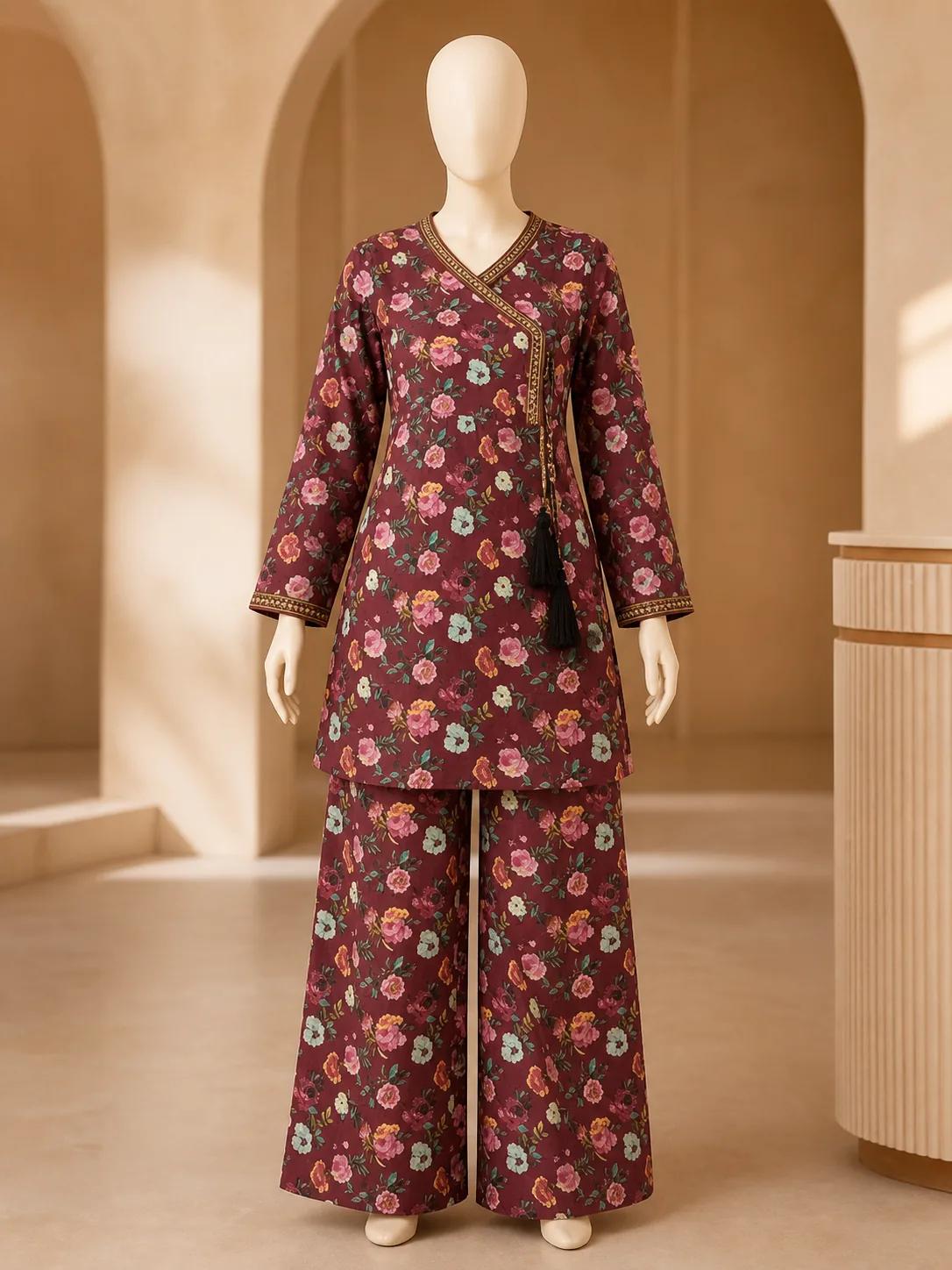Women's Burgundy Rose Angrakha Frock 2 Piece Suit