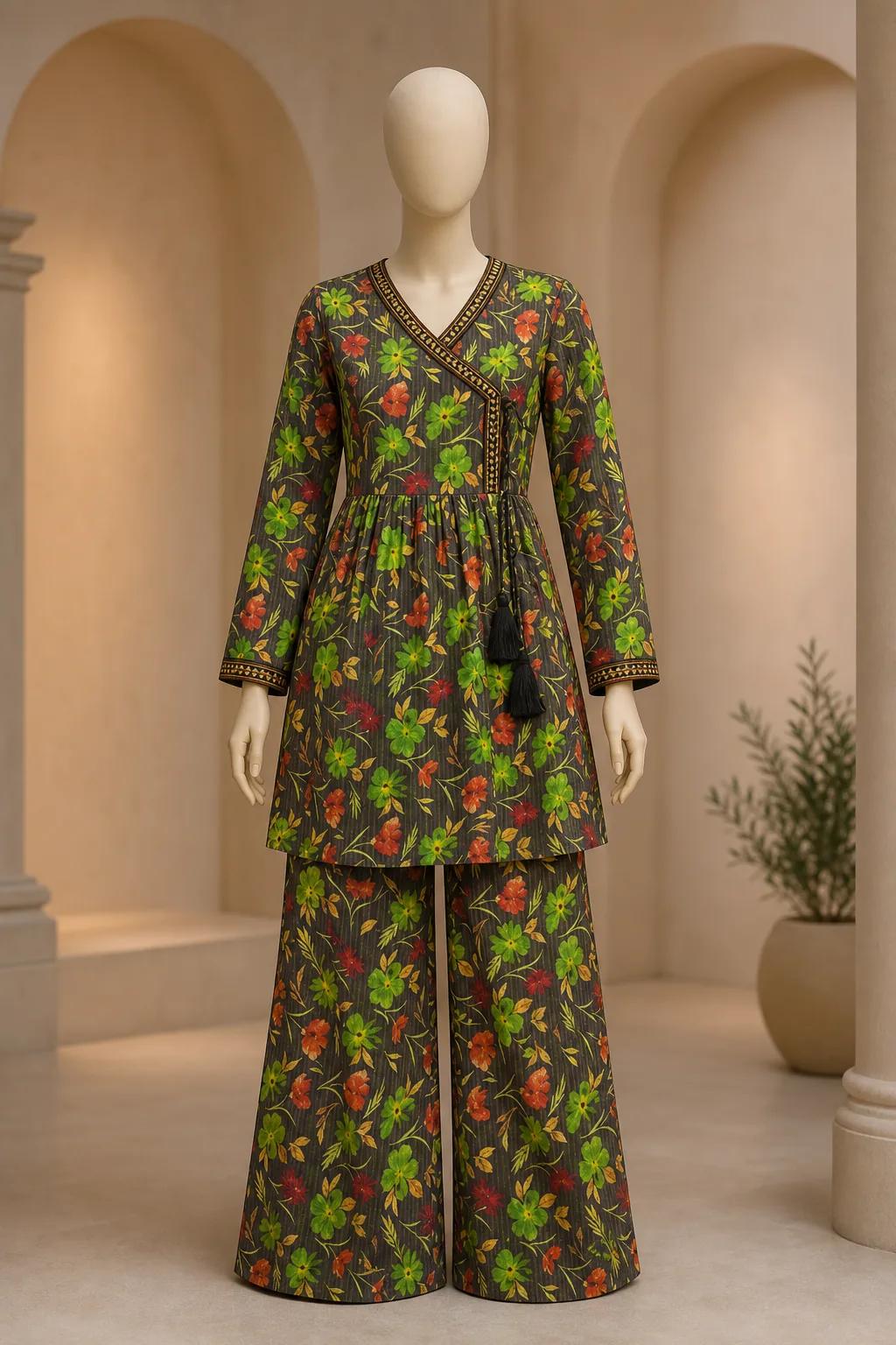 Women's Charcoal Green Floral Angrakha Frock 2 Piece Suit