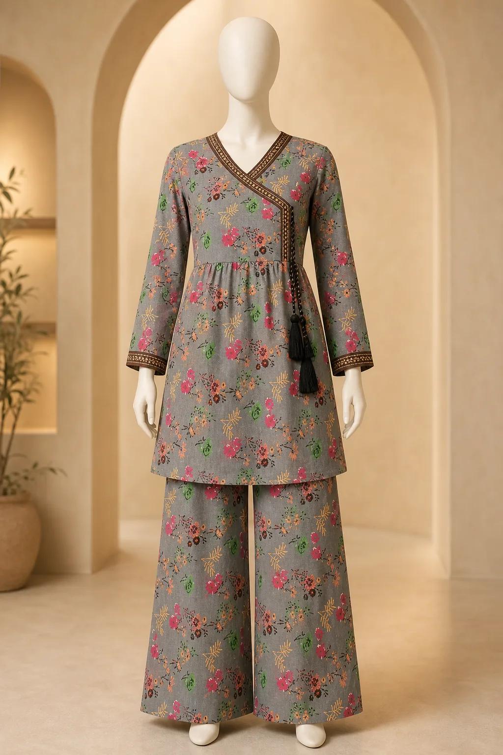 Women's Grey Multicolour Floral Angrakha Frock 2 Piece Suit
