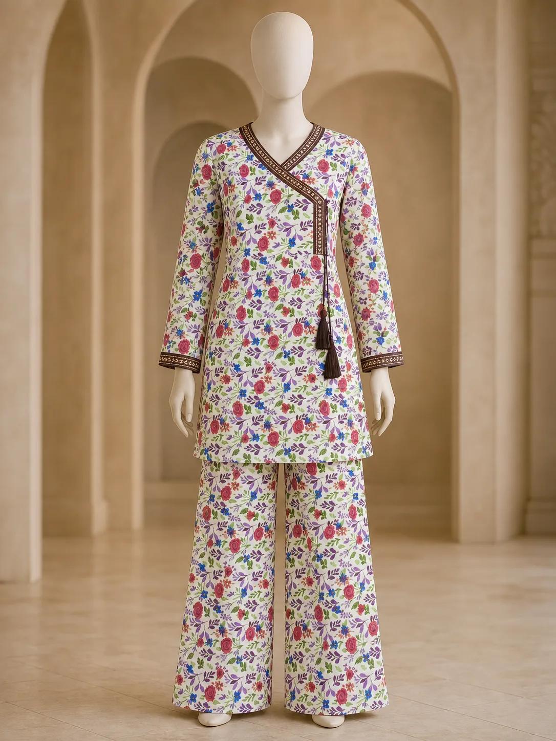 Women's Ivory Multicolour Rose Angrakha Frock 2 Piece Suit