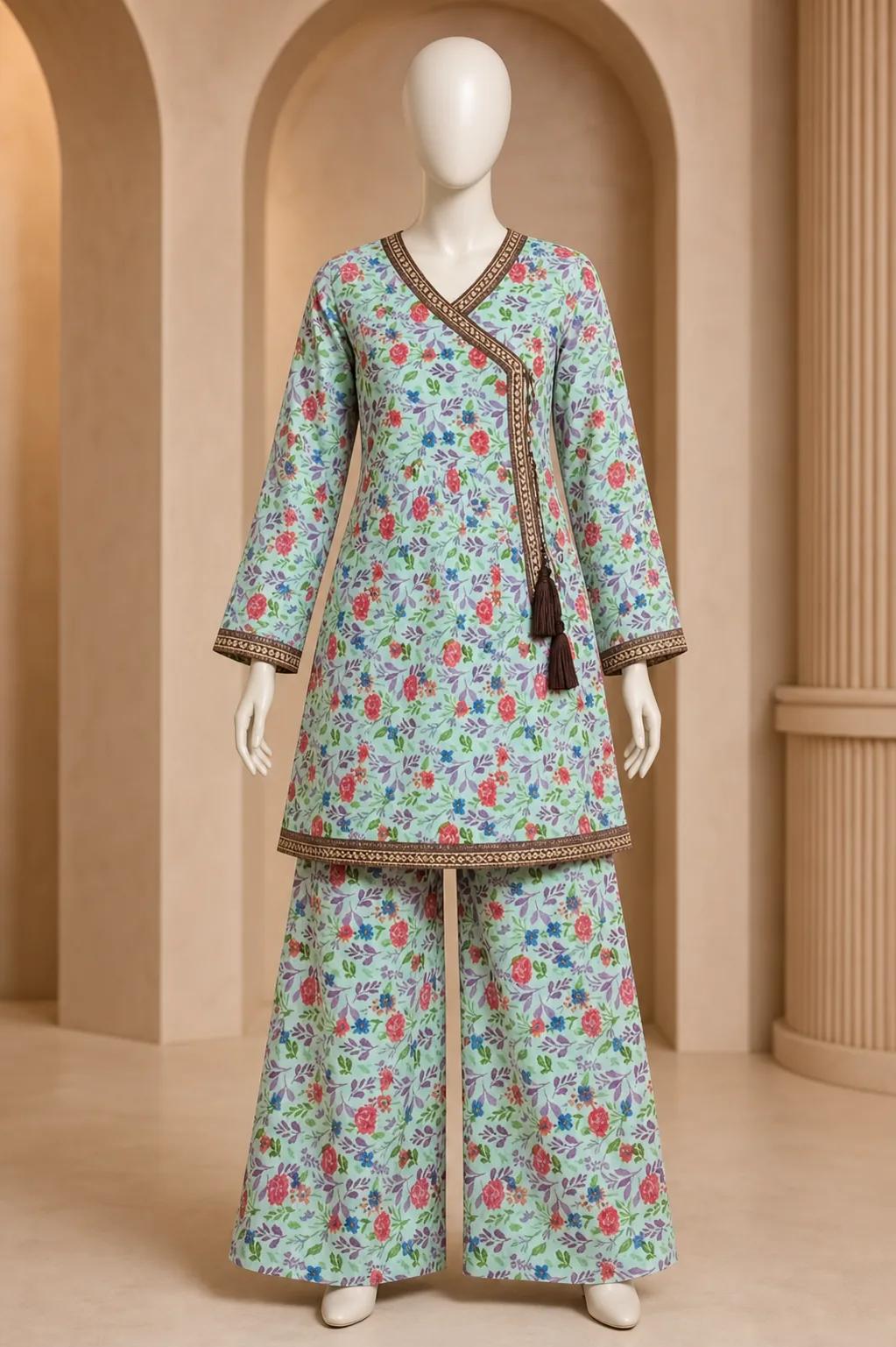 Women's Mint Multicolour Floral Angrakha Frock 2 Piece Suit
