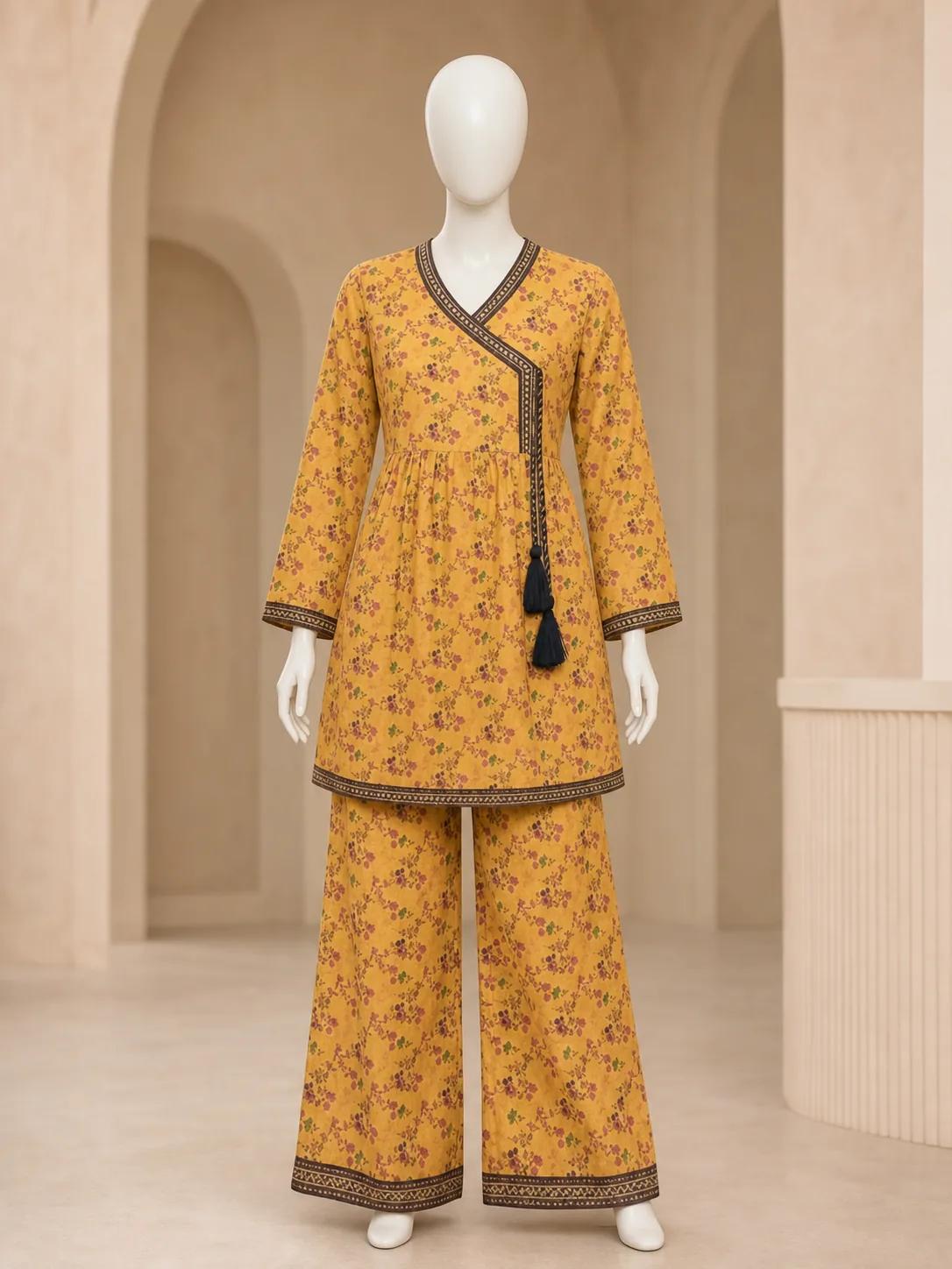 Women's Mustard Micro Floral Angrakha Frock 2 Piece Suit