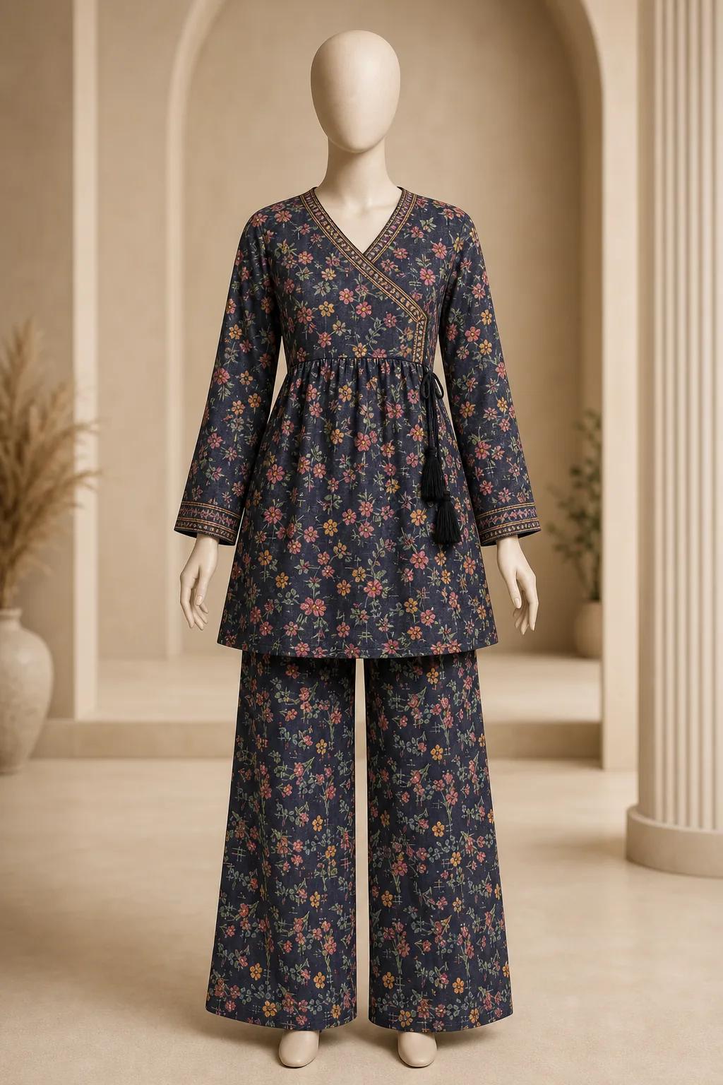 Women's Navy Ditsy Floral Angrakha Frock 2 Piece Suit