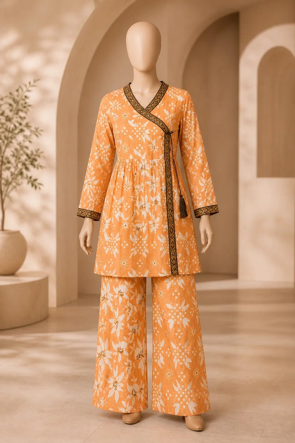 Women's Orange White Floral Angrakha Frock 2 Piece Suit