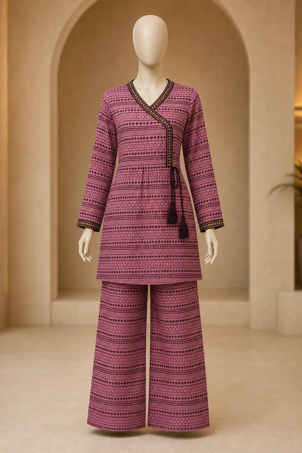 Women's Pink Black Geometric Angrakha Frock 2 Piece Suit