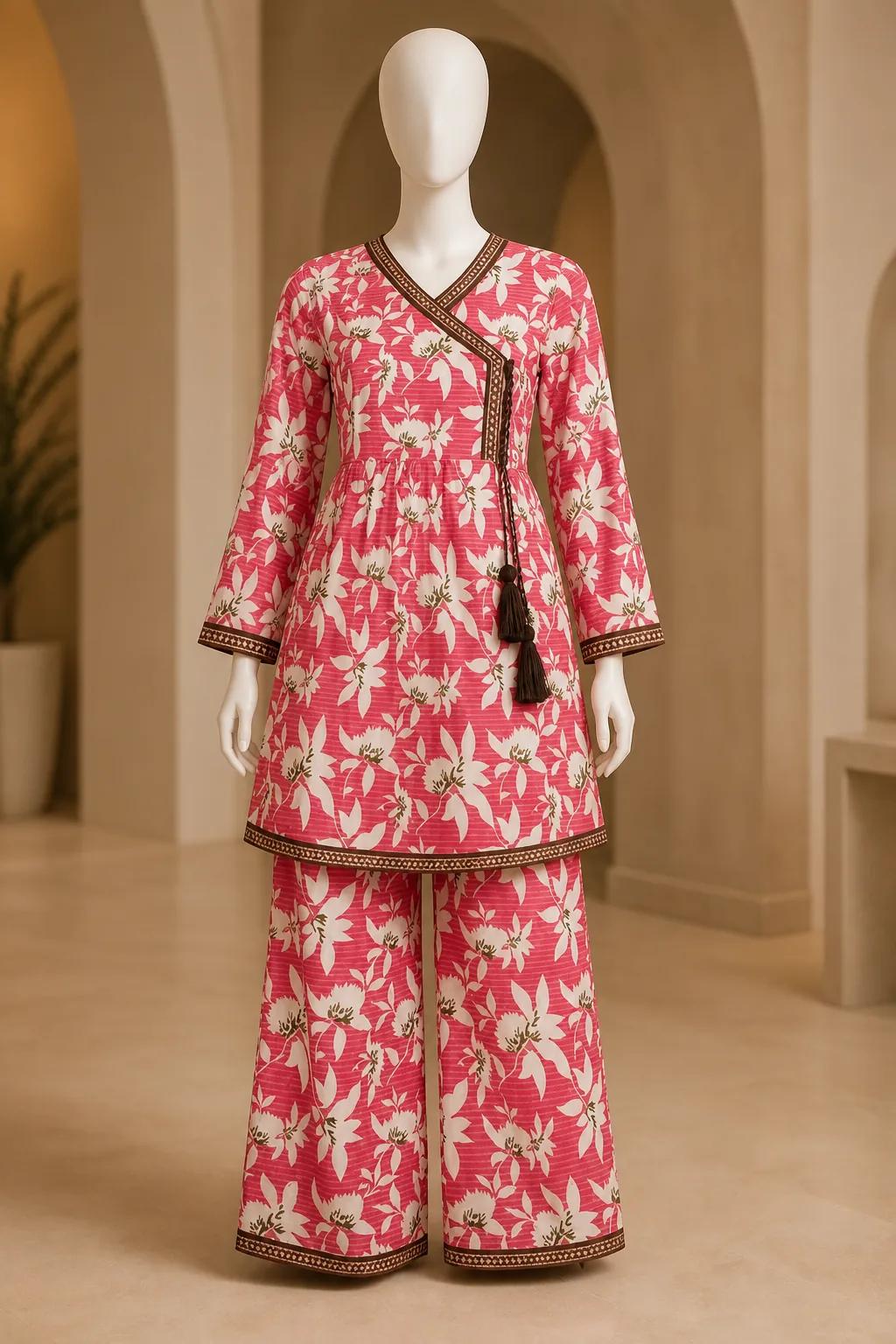 Women's Pink White Lily Angrakha Frock 2 Piece Suit