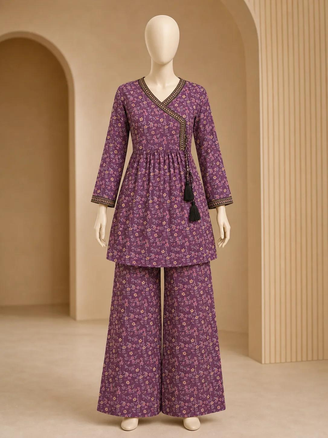 Women's Purple Micro Floral Angrakha Frock 2 Piece Suit