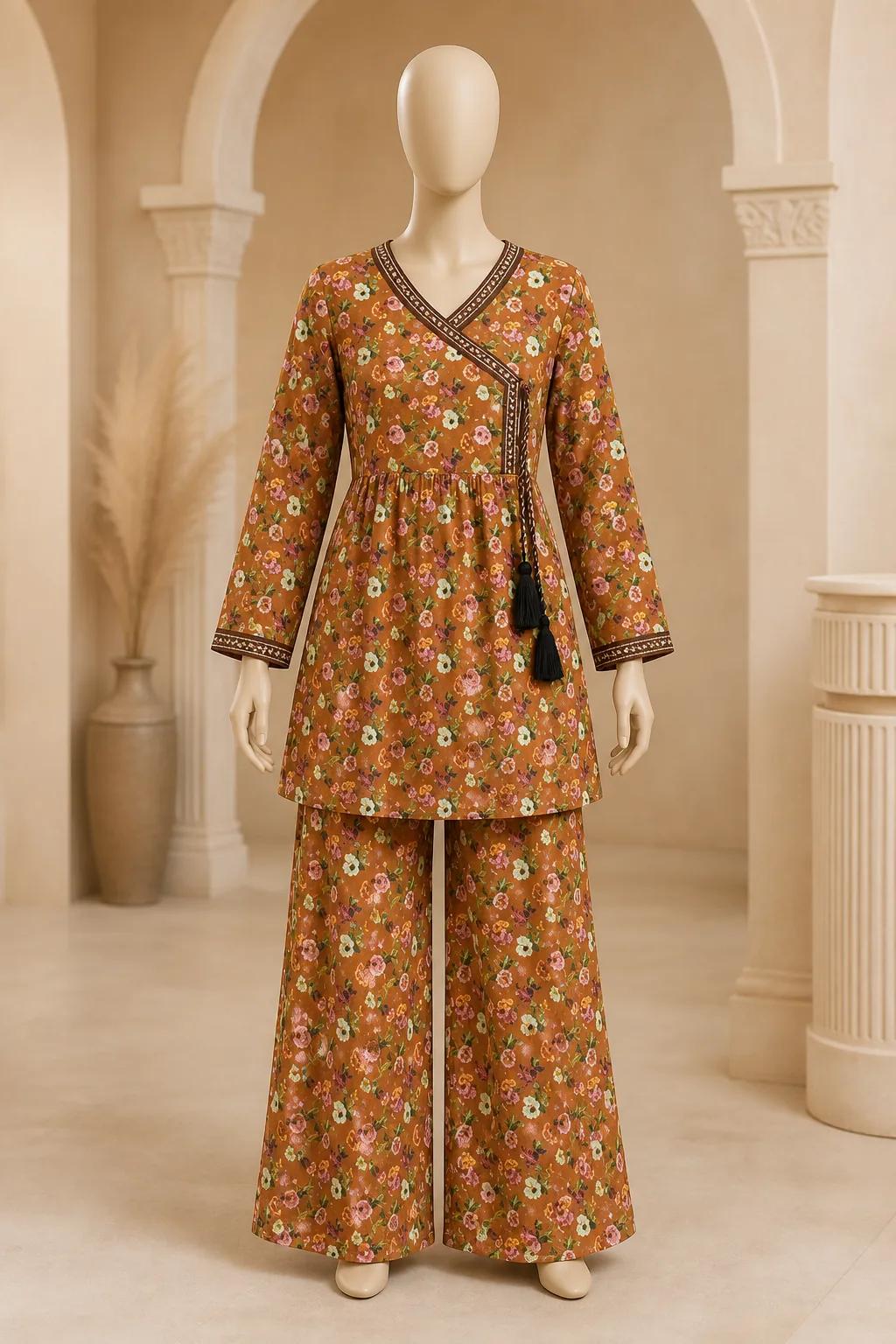 Women's Rust Ditsy Floral Angrakha Frock 2 Piece Suit